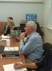 Gene Foreman, former Philly Inquirer m.e., Skype-ing with former NYTimes reporter Roy Reed (on monitor in the background)